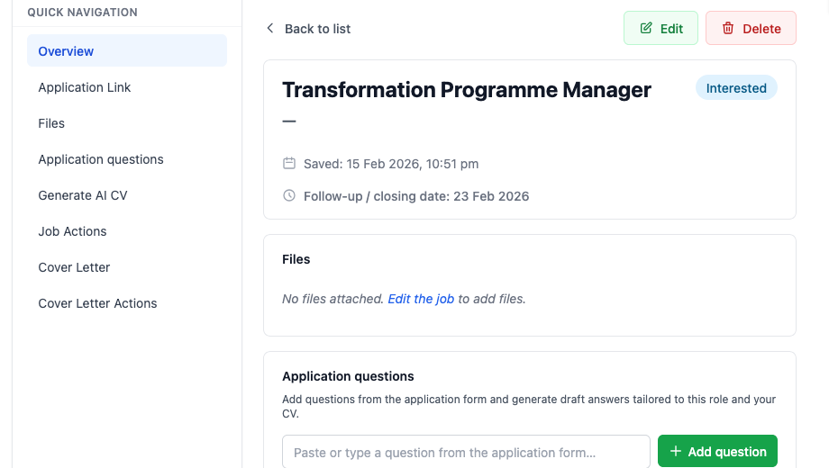 Add a job application - job view with Overview, Files and Application questions
