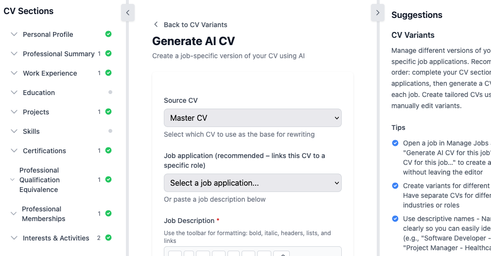 Generate CV variants for each application - job-specific AI CV creation
