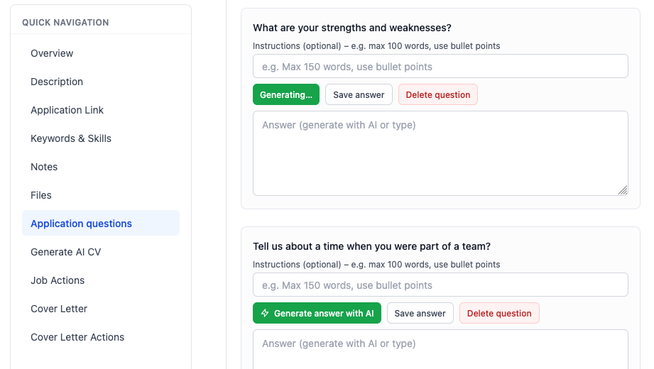 AI generating answers to application questions