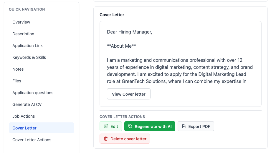 Review and edit - Cover Letter with Edit, Regenerate, Export PDF and Delete actions