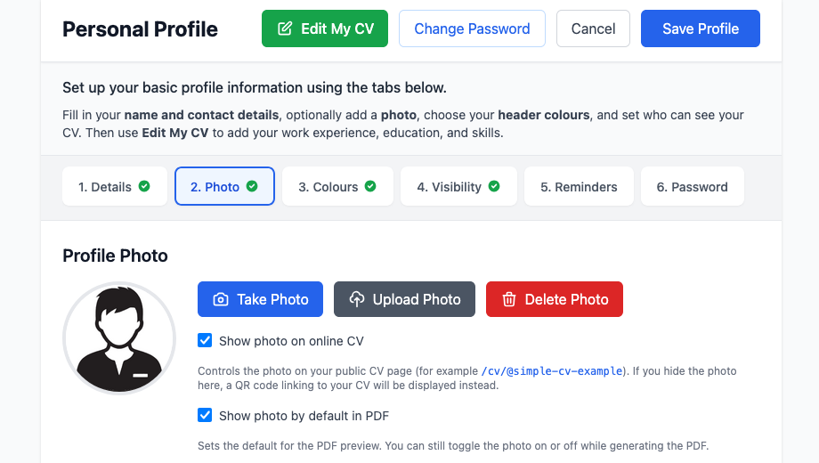 Add your information - Personal Profile with Details, Photo and Colours