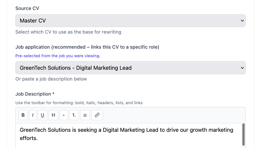 Generate tailored CV - Source CV, job application and job description inputs