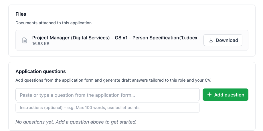 Upload file to application - Files section showing uploaded document and upload area