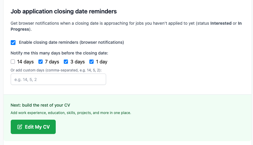Job application closing date reminders - enable browser notifications and set reminder days