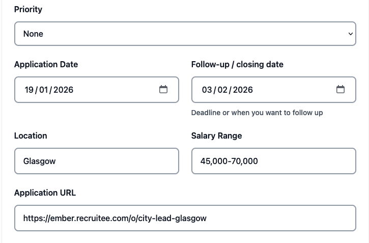 Set follow-up or closing date - Application Date and Follow-up date fields with date picker