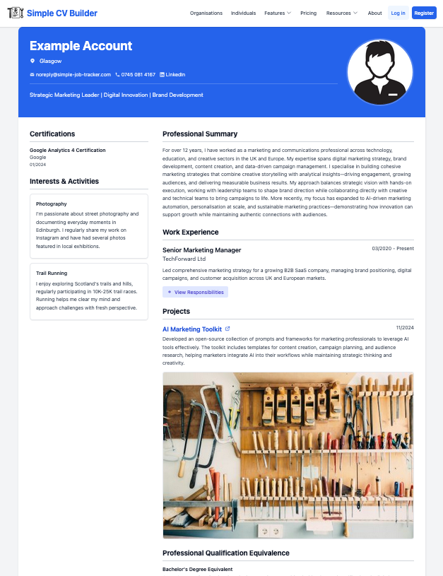 Free CV builder UK – example CV profile showing completed professional profile