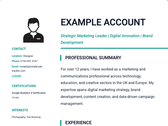 Professional PDF download - example CV with two-column layout