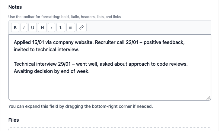 Add interview notes - rich text editor for recording recruiter calls, interview feedback and next steps