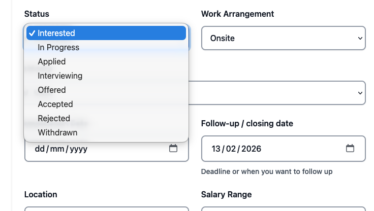Update status - Status dropdown with Interested, Interviewing, Applied and other stages