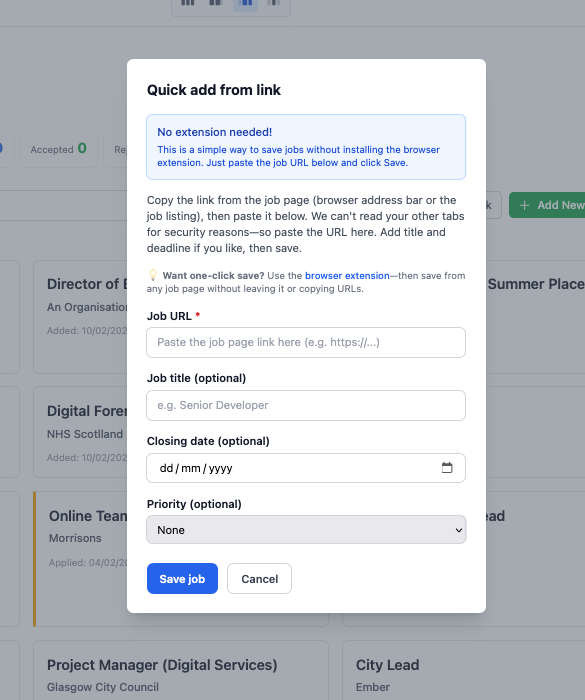 Job application tracker – quick add from link, save jobs from any website