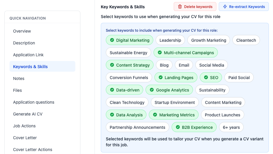 Click Extract Keywords - Key Keywords & Skills with Re-extract button