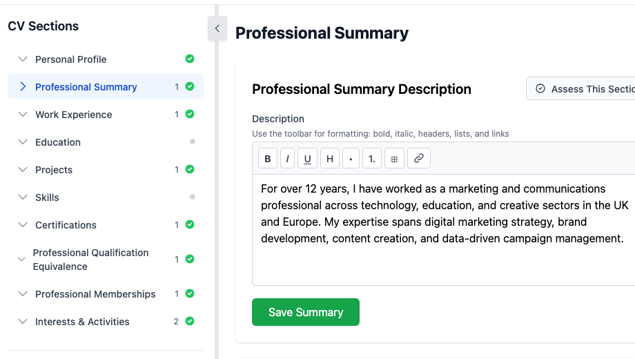 Build your CV - CV sections and Professional Summary editor