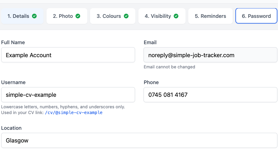 Choose your username - profile details form with username field and CV link example