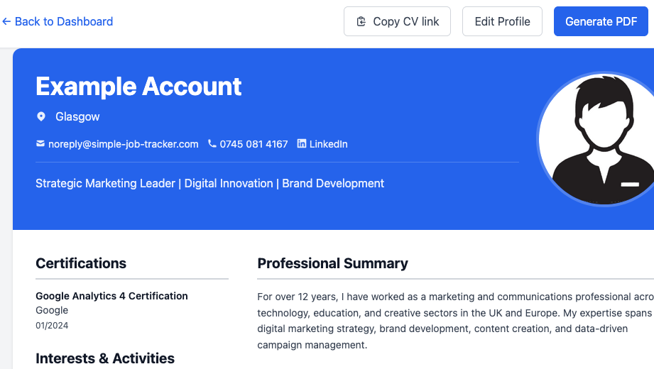 Share your link - CV page with Copy CV link button