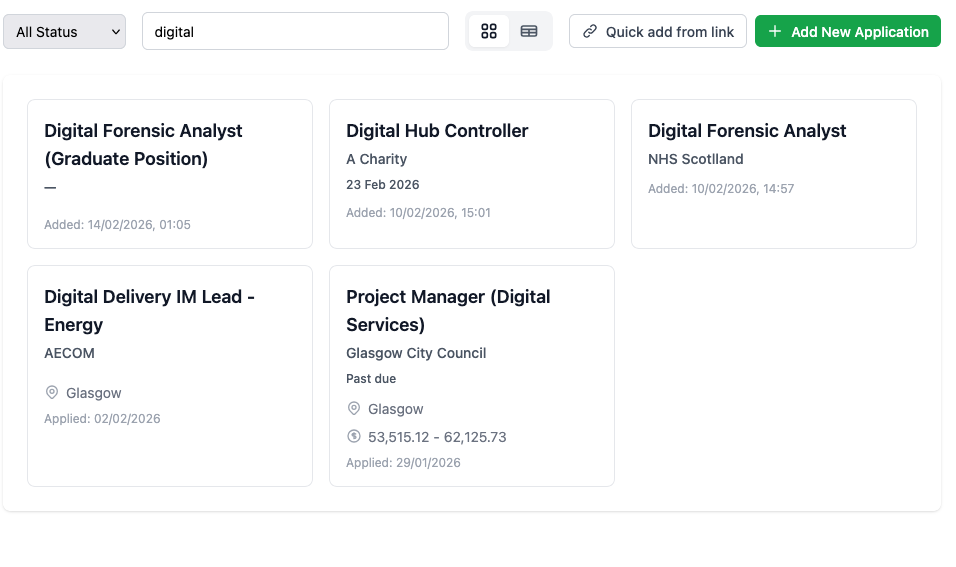 Job list with search, filters and application cards
