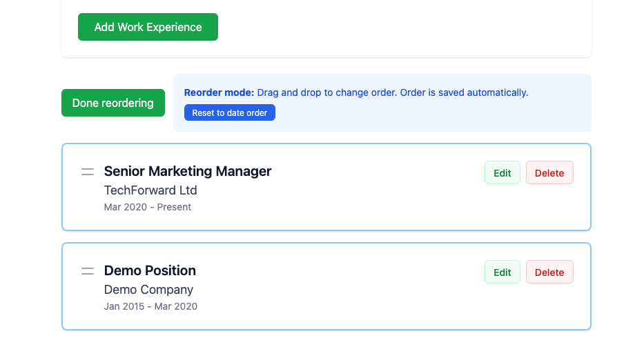 Reorder sections - drag and drop work experience