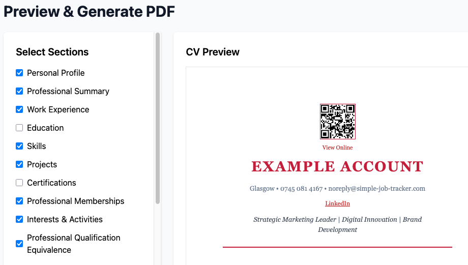 Select sections for PDF export - Preview & Generate PDF with section checkboxes