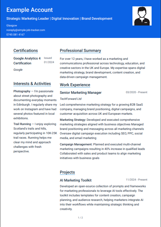 Professional Blue CV template – PDF preview