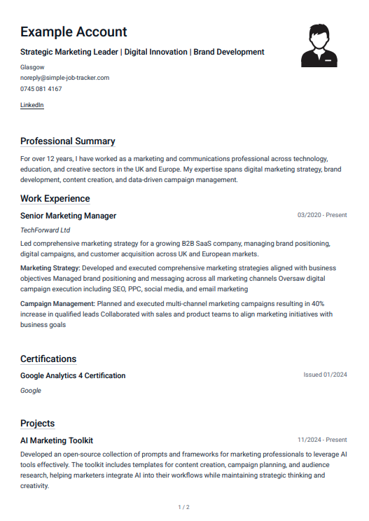 Minimal CV template – PDF preview